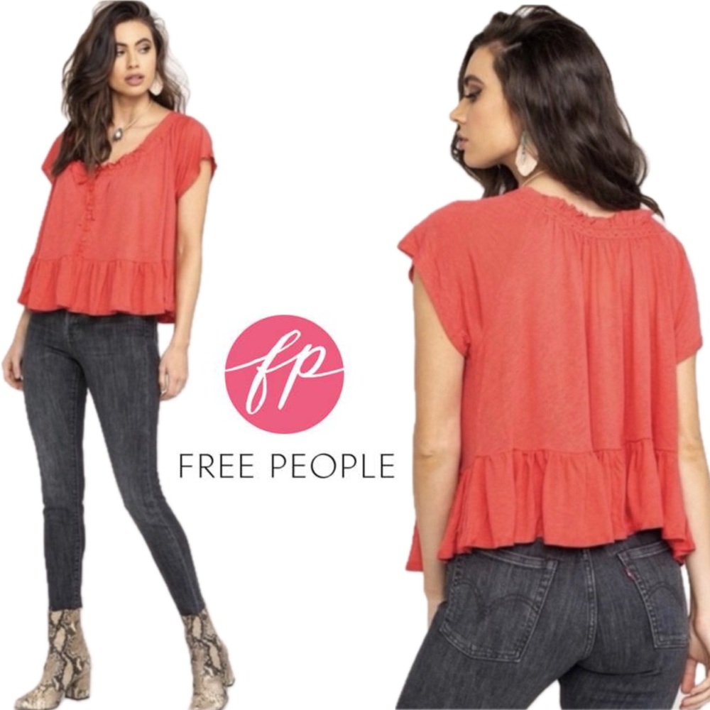 FP Free People Charlie Tee Peasant Babydoll Flirty Top Shirt Coral / Camelia - L